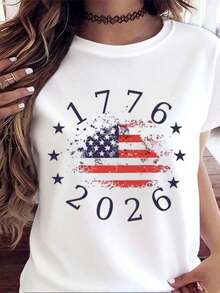 1776 2026 American Flag Independence Day Patriotic T-Shirt Women Casual Short Sleeve Top Celebration Graphic Tee, - 白色 - 查看 3