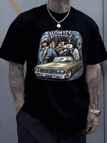 Homies Cruising In A Classic Convertible With A Cityscape Background Embodies Brotherhood And Timeless Cool Representing Camaraderie And Shared Journeys On The Open Road An Iconic Symbol Of Unity And Friendship 1Pcs Men's Casual 100% Cotton Tee - 黑色 - 查看 9