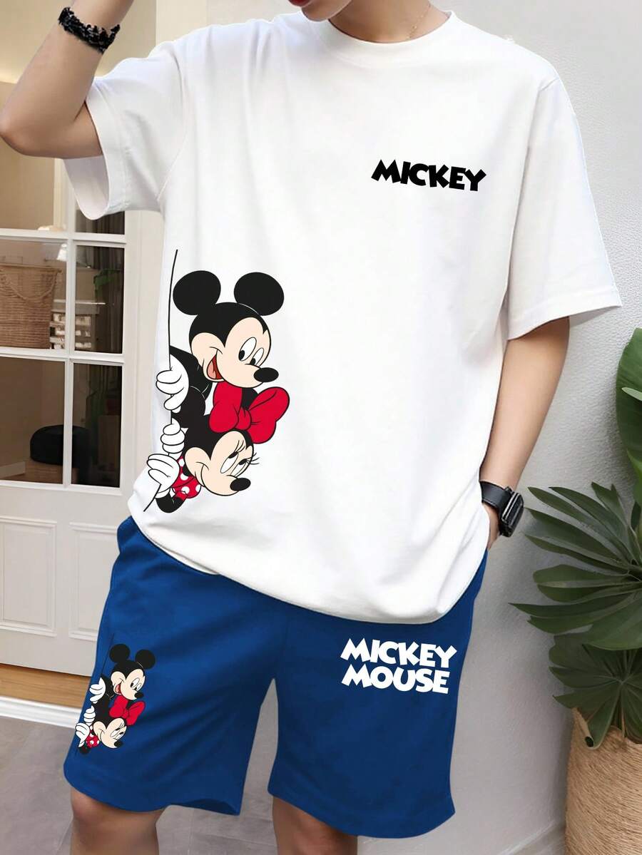 Disney 2pcs Mickey Mouse Print Men's Casual Loungewear Set, Round Neck Top And Shorts, Suitable For Spring/Summer - White - View 1