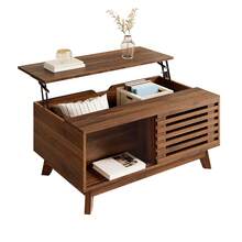 Retro-Modern Coffee Table, Height-Adjustable Top, Sliding Louvered Door, Walnut Finish, MDF Structure, Multifunctional Living Room Table - Walnut - View 9