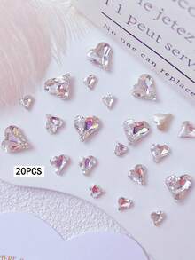 20 Pcs White Rhinestones, Large/Medium/Small Three Sizes Crooked Heart-Shaped Mixed Packaging, Crystal Nail Rhinestones, 3D Heart-Shaped Nail Art Jewelry Pointed Base Jewelry Heart Crystal Nail Art Jewelry DIY Nail Art Decorative Art Gemstone Nail Art Tools Accessories For Women And Girls Nails, Rhinestone Nail Art Supplies, Exotic Rhinestone Materials, Nail Art Rhinestone Jewelry, Manicurist Supplies, Nail Art Accessories, Nail Art Gemstones - Multicolor - View 7