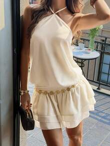 Đầm ngắn hở lưng hai dây dễ thương mùa hè dành cho nữ của PoPoHouse, thích hợp cho hẹn hò, kỳ nghỉ biển, tiệc tùng và đi chơi hàng ngày. Thanh lịch. - Trắng ngà - Xem 9