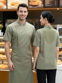 New Custom Chef Uniform Short Sleeve, Breathable Back Mesh, High-End For Hotel, Western Restaurant, Bakery, Cafe, Flower Shop, BBQ, Fast Food, Stylish Design With Pockets For Small Items Storage, Soft Fabric - Army Green - View 10