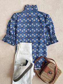 Women's Bohemian Casual Shirt, Inspired By Holidays, Multi-Color Ditsy Floral, Lace Trim On Collar & Cuffs, Ruffle Decor, Single-Breasted, Short Sleeve, Loose Fit, Spring/Summer - Blue - View 5