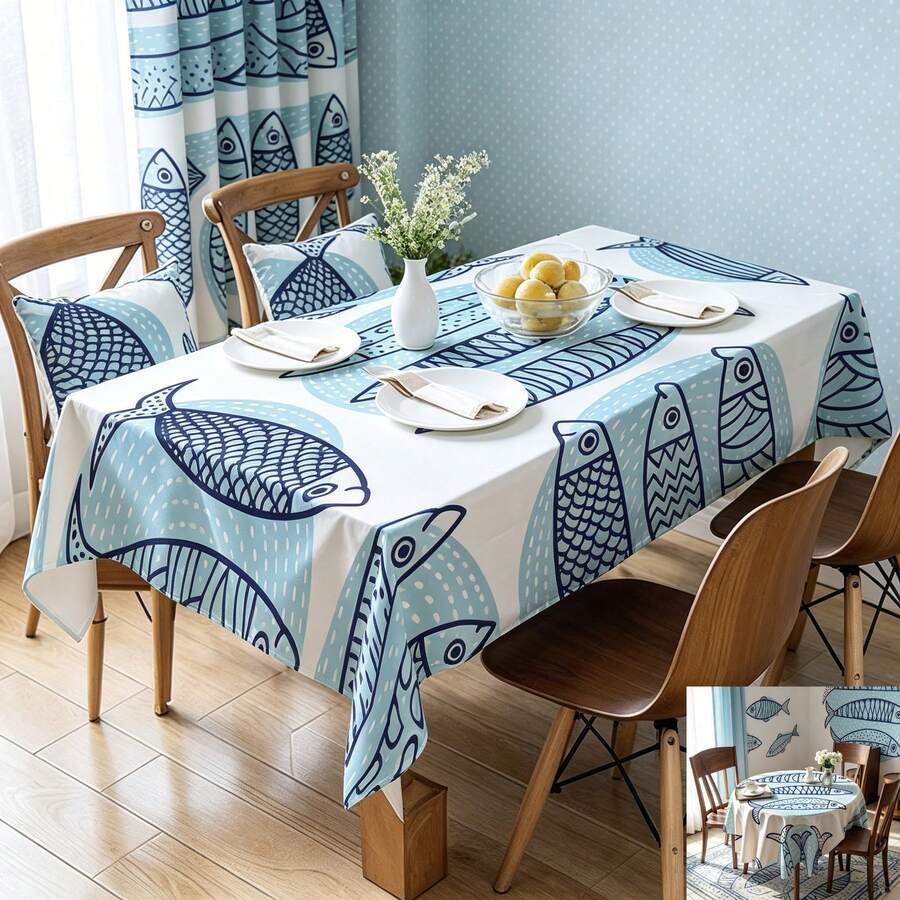 1 Peça Toalha de Mesa Retangular Estilo Marinho, Padrão de Peixes Oceânicos, Adequada para Uso Diário em Cozinhas Domésticas, Restaurantes, Terraços, Piqueniques, Pátios, Conjuntos Internos e Externos, Como Presente para Família e Amigos - Multicolorido - Visão 1