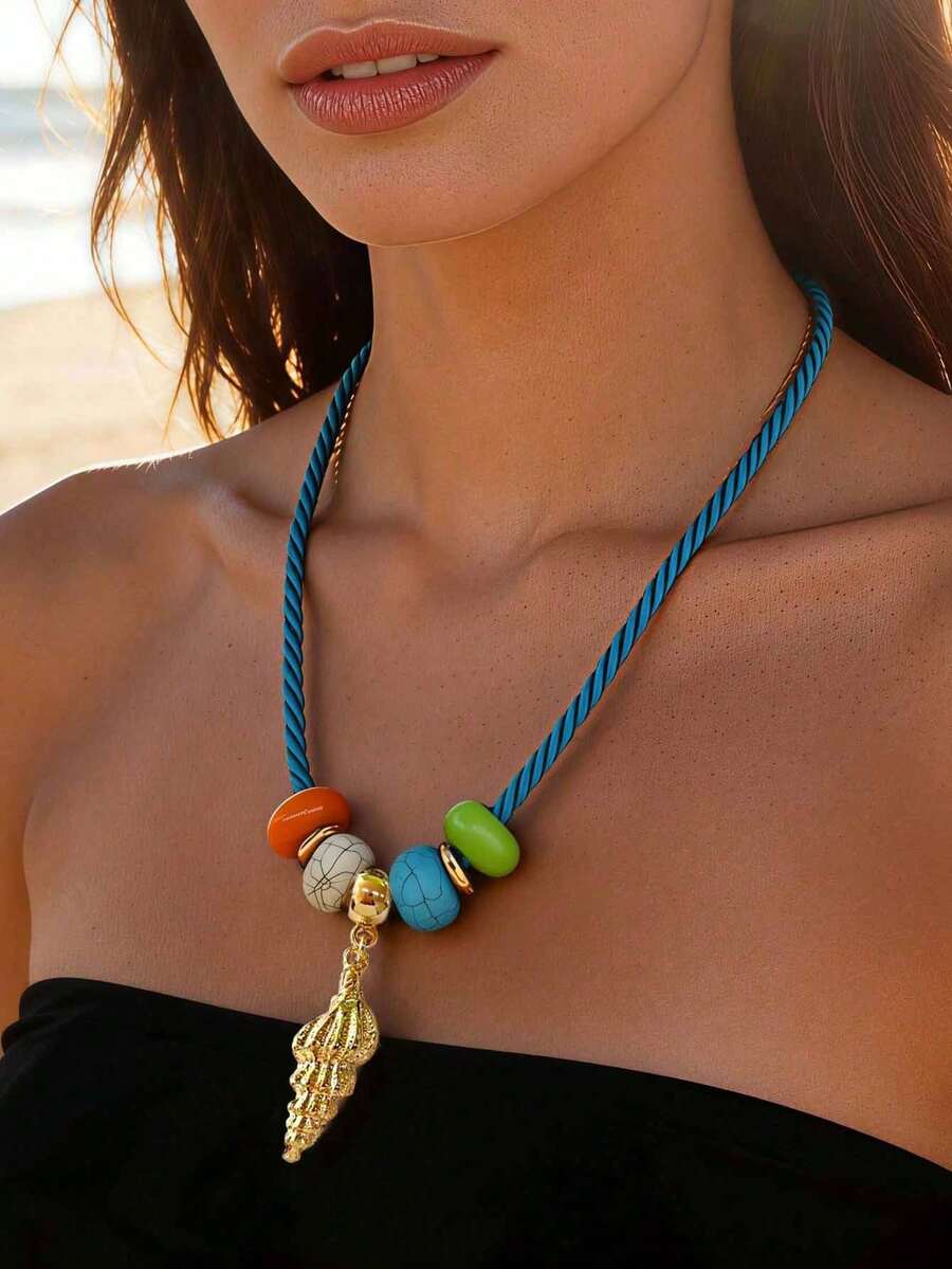 1pc Boho Style Colorful Turquoise Beaded Necklace With Golden Shell Pendant, Suitable For Beach Vacation, Party, Commute, Elegant Jewelry - Multicolor Hailuo - View 1