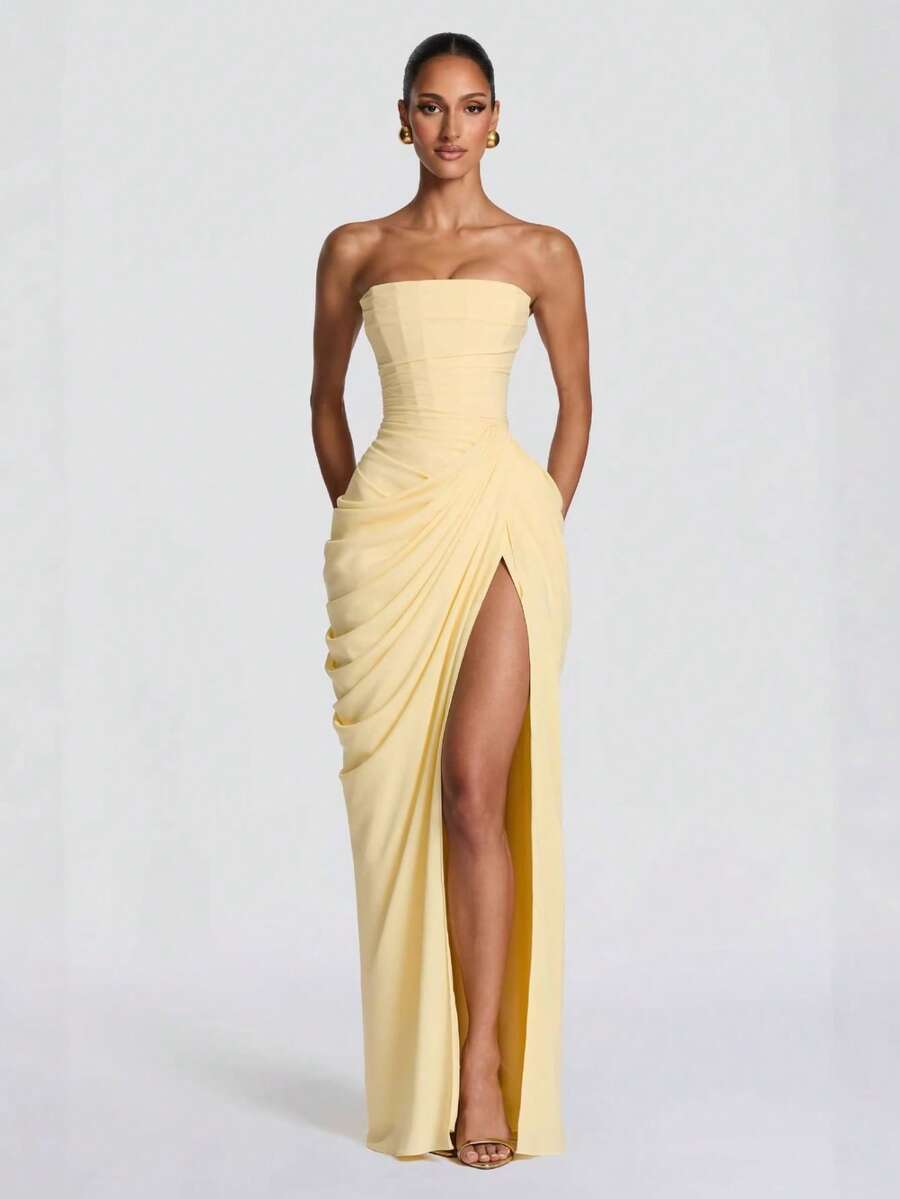 Women's Long Sleeve Slip Bodycon Midi Dress With Slit - 黃色 - 查看 1