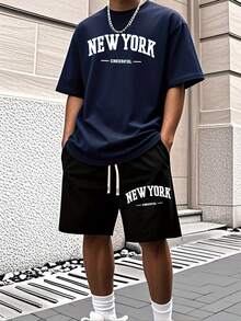 Men'S New York Casual Short Sleeve Black With White Lettering Casual Style| Comfortable Fit, PLUS SIZE  Men's Casual Outfit, Cotton Sportswear Set - 海軍藍 - 查看 7