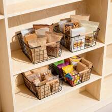 Metal Storage Basket With Wooden Handle, Kitchen Food Storage Metal Wire Basket, Suitable For Pantry, Cabinet, Countertop, Bathroom, Closet, Laundry Room, Can Store Towels, Cosmetics, Toiletries, Snacks, Fruits, Ingredients, Groceries, Handheld With Random Color Wooden Handle - Multicolor - View 5