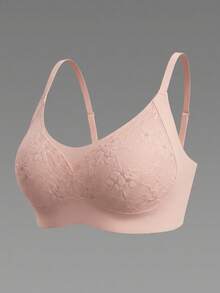 1pc Women's Wireless Lace Bra - Molded Cup, Adjustable Straps, Comfortable For Daily Wear - Pink - View 5