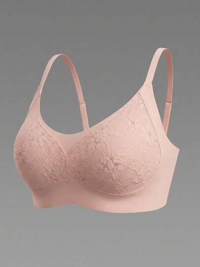 1pc Women's Wireless Lace Bra - Molded Cup, Adjustable Straps, Comfortable For Daily Wear
