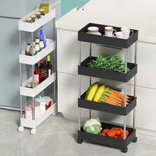 1pc Multi-Functional Black & White Sliding Storage Rack Trolley, Hollow Draining Multi-Layer Ultra-Thin Storage Cart, Slim Storage Cart, Rolling Storage Cart, Narrow Shelving Unit, Bathroom Shelf, Kitchen, Bathroom, Laundry Room Mobile Storage Rack, Space-Saving Storage Rack, Multi-Tier Floor-Standing Shelving Unit, Suitable For Kitchen, Laundry Room And Other Narrow Spaces - Multicolor - View 7