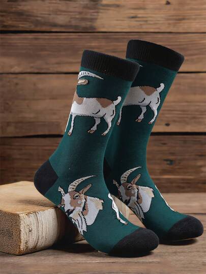 GNIM HL 1双男士复古山羊印花中筒棉袜，新奇动物图案，中筒袜，男士可爱趣味滑板袜
