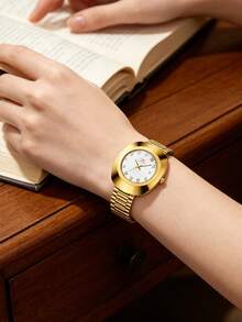 1件女款時尚橢圓不鏽鋼錶帶鑲鑽腕錶，優雅金色，白色、黑色與棕色錶盤，32mm錶殼直徑，原裝石英機芯，宴會禮服女式手錶，適合休閒、戶外旅行與宴會場合 - 白色 - 查看 6