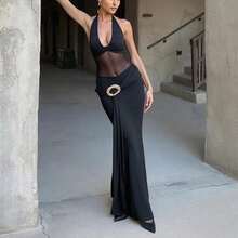 Women's Sexy Mesh Patchwork Backless Fitted Dress, Spring/Summer Elegant - Black - View 4