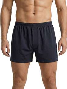 100% Cotton Boxers For Men Loose Fit Soft Knit Solid Color Boxer Shorts Relaxed Fit Cotton Boxers For Men With Button Fly - 藍色 - 查看 2