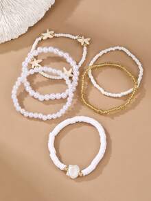NAIZHU 6pcs Fashion Girl Ocean Style Shell & Starfish Faux Pearl Beaded Bracelet Set - Multicolor - View 3