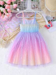Đầm slip lưới đính sequin mùa hè cho bé gái, họa tiết hoa 3D thủ công, hiệu ứng ombre. - Nhiều màu - Xem 2