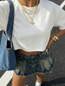Áo thun crop top trắng dáng rộng phong cách Y2K tối giản dành cho nữ mùa hè - Áo dệt kim ngắn đơn giản, cổ tròn ôm sát, kiểu dáng cơ bản, dễ phối đồ, phù hợp cho mùa hè. - trắng - Xem 2