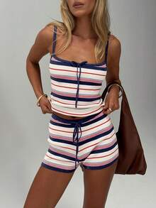 Women's Summer Knit Set Stripes Sleeveless Cami Tops And High Waisted Drawstring Shorts - White - View 4