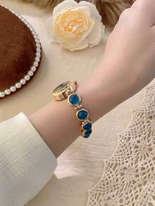 1pc Women's Gold Alloy Asymmetrical Bracelet Watch, Fashion Arabic Numeral Dial, Quartz Movement, Adjustable Strap, Suitable For Daily Decoration And Holiday Gifts - Màu xanh lam - Xem 5