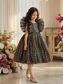 小女孩黑色连衣裙，金色星星印花网纱喇叭袖，优雅公主裙，适合女孩生日派对、宴会、婚礼、花童等场合。 - 黑色和金色 - 查看 1