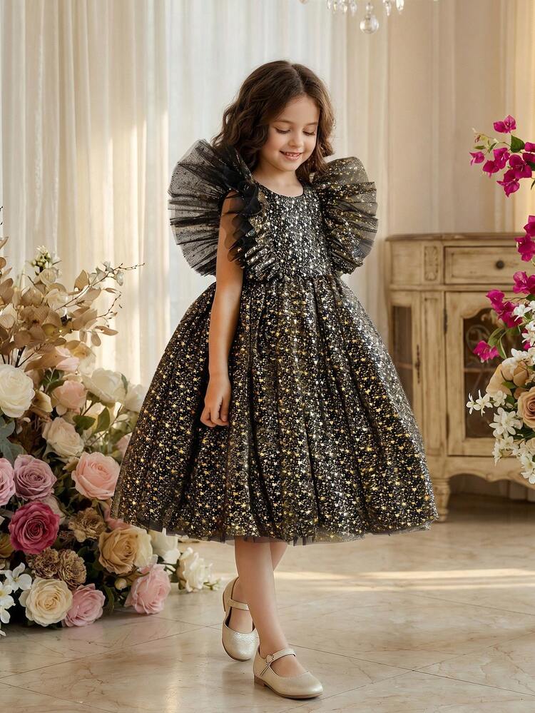 小女孩黑色连衣裙，金色星星印花网纱喇叭袖，优雅公主裙，适合女孩生日派对、宴会、婚礼、花童等场合。 - 黑色和金色 - 查看 1