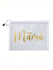 母亲节礼物网眼化妆包，金色字母“Súper Mama”网眼化妆包，创意“Mama”心形印花图案，透明拉链化妆包 - 彩色 - 查看 15