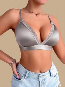 1pc Solid Color V-Shape Comfortable Wireless French Lace Bikini Bralette For Women - Dusty Purple - View 8