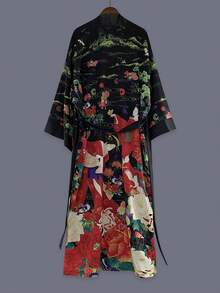 Áo khoác kimono dáng midi tay lửng 3/4 in họa tiết chim hạc và hoa thanh lịch dành cho nữ, thích hợp cho tiệc tùng, dạo phố, thường ngày, đi biển, du lịch, nghỉ dưỡng, áo choàng nhẹ, áo choàng tắm, áo choàng, trang phục biểu diễn khiêu vũ, tiệc lễ hội màu đen. - màu đen - Xem 3