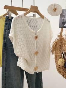 优雅白色镂空针织上衣，前开衩钩针编织毛衣，女士休闲短袖T恤，带纽扣，夏季度假 - 米色 - 查看 1