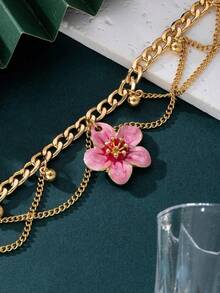 1pc Handmade Gradient Tie Dye Tassel Decor Plumeria Pendant Anklet, Vacation Style For Women - 粉色 - 查看 2