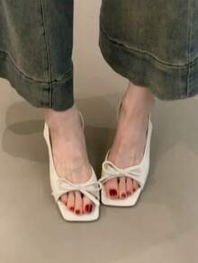 Giày sandal cao gót quai ngang thắt nơ mới, kiểu dáng thanh lịch hở mũi vuông cho mùa hè. - Màu be - Xem 2