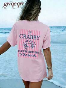 Women's If Crabby Please Return To The Beach Salty Graphic T-Shirt Double-Sided Print Oversized Casual Summer Tops Vacation Outfits Casual - 淺粉色 - 查看 4