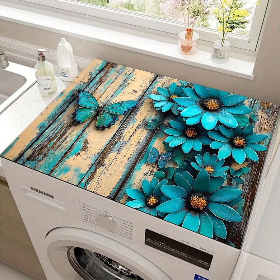 1pc Blue Butterfly Floral Theme Coffee Machine Mat, Dishwasher Mat, Utensil Mat, Table Mat, Specially Suitable For Coffee Machines And Coffee Pots, Bar Counter Mat, Bar Accessories, Ideal For Kitchen Use - Multicolor - View 1