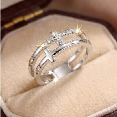 1枚极简设计立方氧化锆镶嵌十字铜双层可叠戴戒指