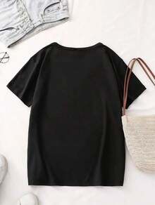 Playera estampada de letras y gatos, manga corta y cuello redondo, top casual para verano y primavera, ropa de mujer R42A - Negro - Ver 3