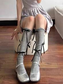 1 par de calcetines hasta la rodilla con decoración de lazo, calcetines de mujer con volantes, calcetines de estilo ballet de peso ligero hasta el tobillo, calcetines hasta la rodilla con estilo de lazo tipo Mary Jane para el verano - Multicolor - Ver 3