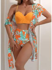 Custom Maple Leaf Print High-Waisted Slimming Bikini Swimsuit And Mesh Jacket. - Orange - View 11
