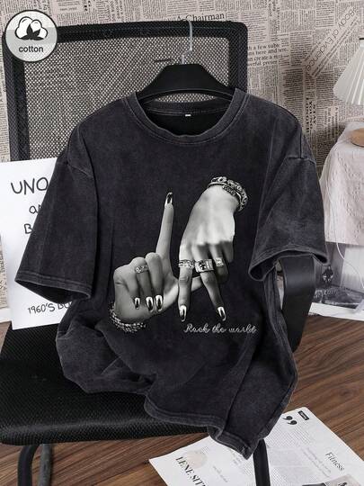 Es Trus Cotton 夏季女款摇滚“魔鬼角落”手势图案印花街头 Y2k 服装黑色短袖大码水洗 T 恤