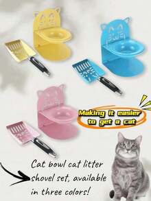 2 件套猫砂铲 + 猫食碗/1 件套不锈钢猫砂铲/1 件套可拆卸猫食碗，仿马桶造型食碗，颈椎保护，防溢漏猫狗食水碗，以及清洁猫砂勺（蓝/黄/粉） - 400毫升 - 查看 6