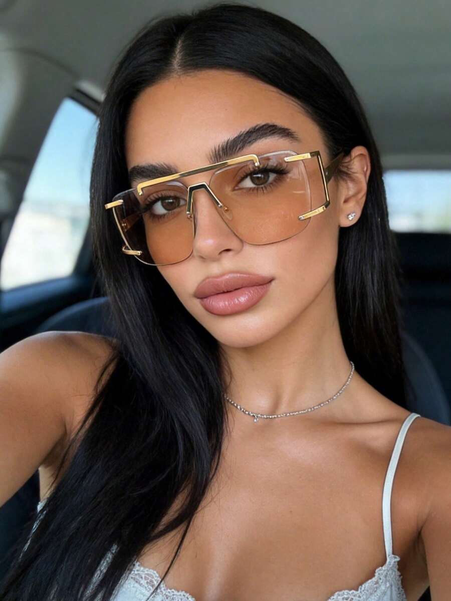 1pc Elegant Square Fashion Glasses, Retro Personalized Frameless Double-Bridge Women's Glasses, Suitable For Women's Daily Outfits, Travel, Beach, Music Festivals In Autumn/Winter - Champagne Slices - View 1