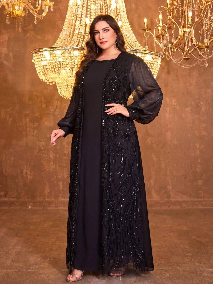 Vestido de noche de satén con cuello Mao, manga larga y aplicaciones de strass hechas a mano para mujer SUPGIR - Negro - Ver 1