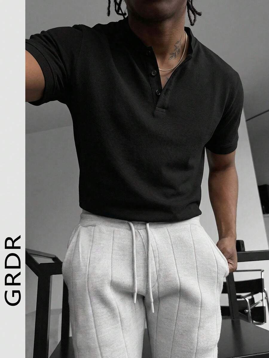 GRDR 男士经典纯色亨利领短袖衬衫，商务休闲风必备单品，夏季衣橱必备