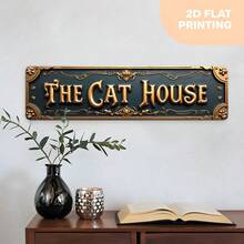2D flache Vintage "Katzenhaus" Metallwandplakette - Groß 15,7"X3,9" (40x10cm) Katzen-Themen Beschilderung, vorgebohrte Löcher, Bauernhaus und Kaffeehaus Dekoration, robuste Retro Büro-/Garage Dekoration, einfache Installation, Geschenk für Katzenliebhaber, 2D flach - A - Übersicht 7