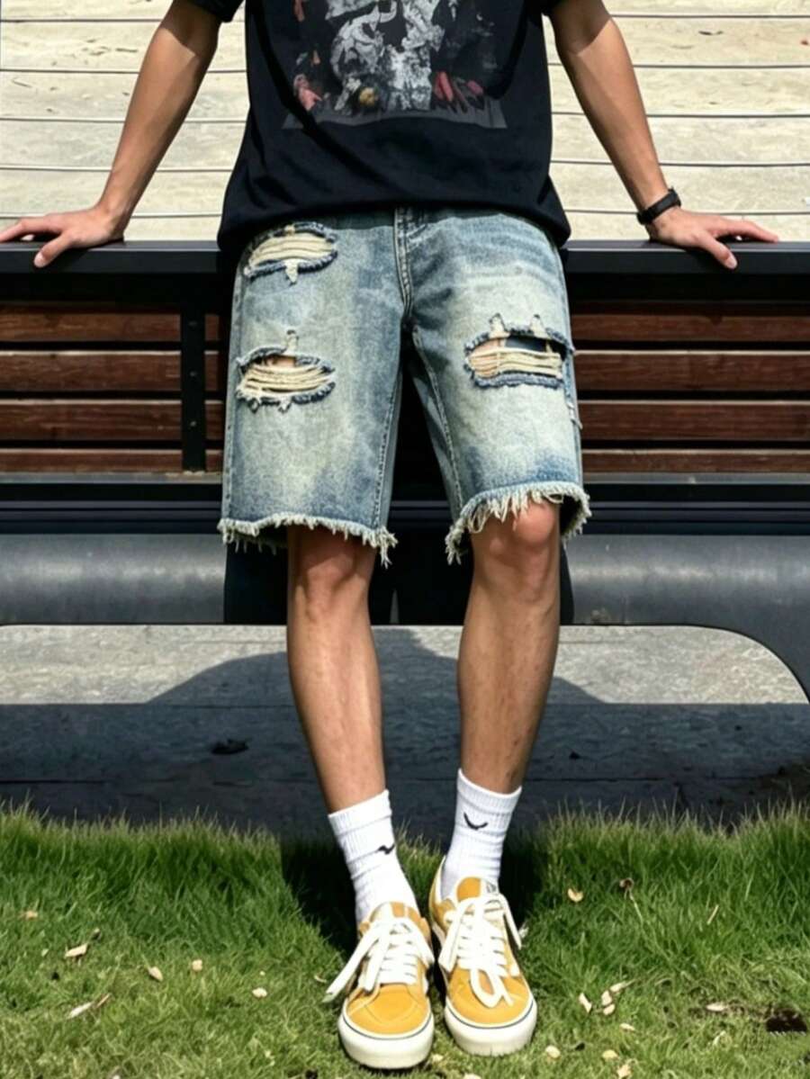 2026 Nueva Colección de Verano Pantalones Cortos Holgados Rasgados Versátiles Casuales hasta la Rodilla para Hombres - Azul - Ver 1