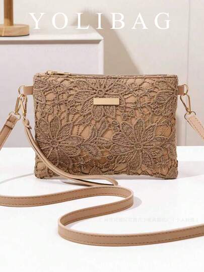 Bolso bandolera de mujer con bordado de encaje estilo romántico francés, bolso sobre de lona caqui, bolso de hombro de diseño exclusivo, bolso cuadrado pequeño versátil para uso diario