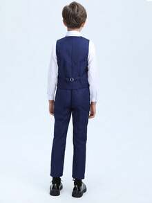 Conjunto de traje formal de 4 piezas para niños, esmoquin para niños pequeños, atuendo de padrino, chaleco, pantalones, camisa, corbata, azul marino, talla 3-10 años - Azul Marino - Ver 2