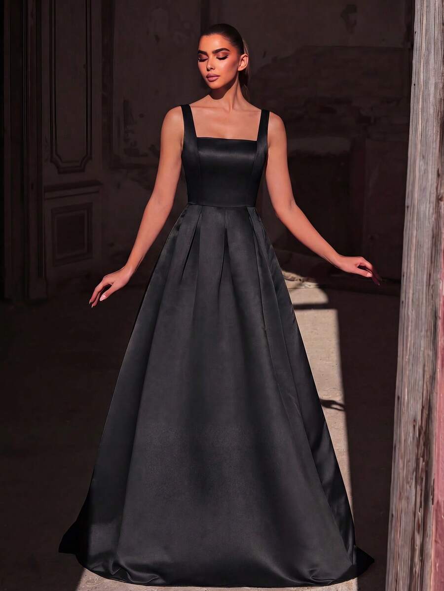 Faeriesty 优雅的翡翠绿无袖长款晚礼服，采用奢华的无弹缎面面料，方形领口吊带设计，后背开衩，适合作为伴娘礼服。 - 黑色 - 查看 1