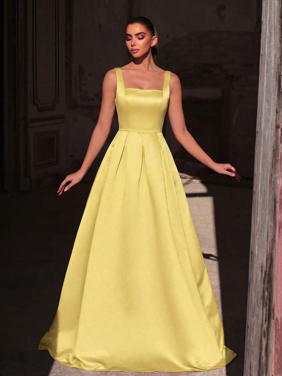Faeriesty Elegant Jade Green Sleeveless Long Evening Dress, Made Of Luxurious Non-Stretch Satin Fabric, Square Neckline Spaghetti Strap Design, Back Slit, Suitable As Bridesmaid Dress - Yellow - View 1